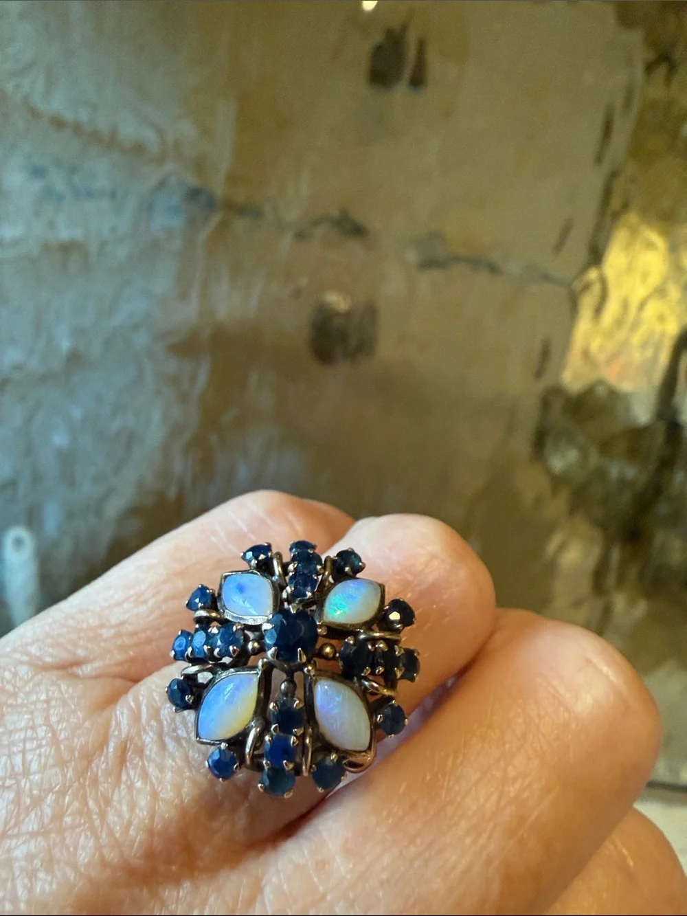 Vintage 14 karat gold,  Blue Opal and Sapphire Cluster Ring. Size 7.